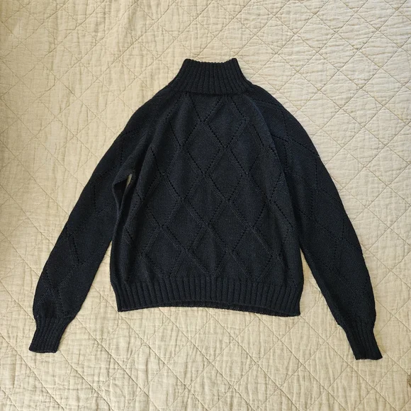 New Liz Alig 100% Alpaca Crop Mock Neck Lace KnitElegant Navy Turtleneck Sweater - Picture 2 of 6